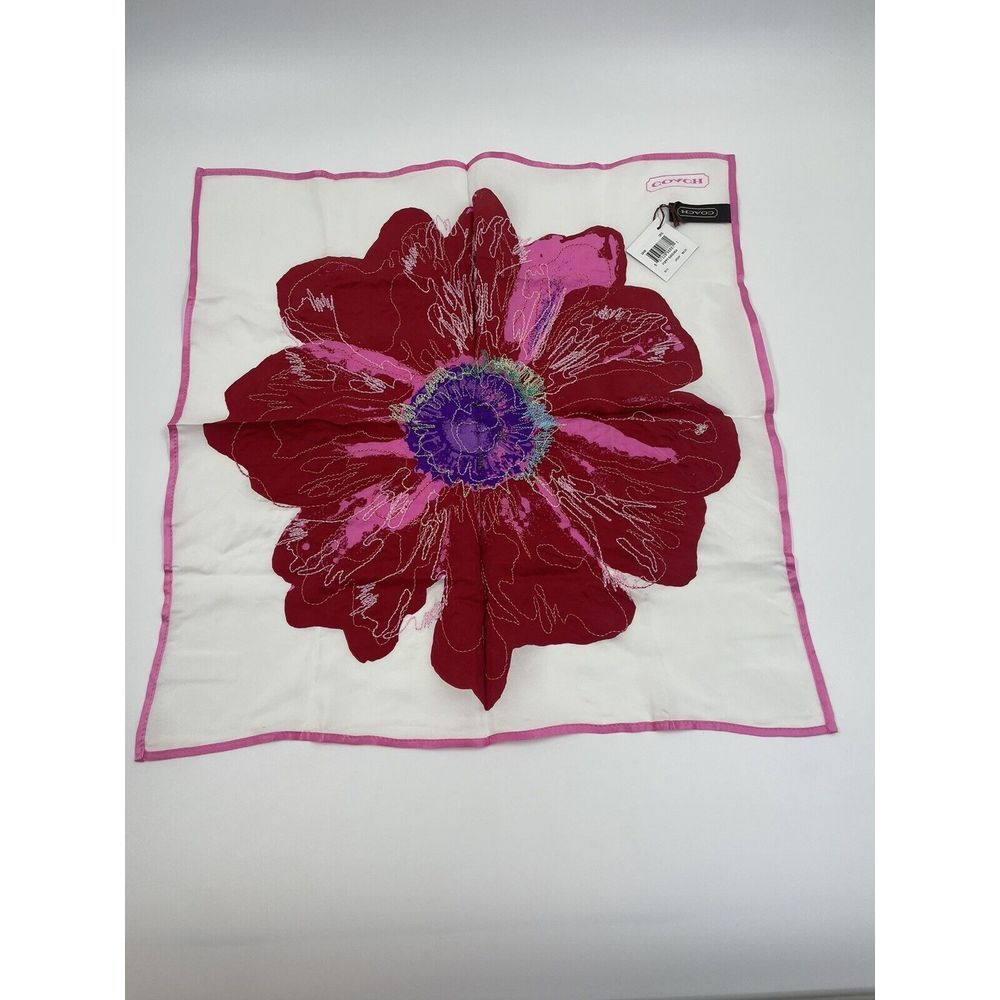 Coach Vintage 100% Silk Bandana Poppy Embroidered Red Pink 17" HTF Peace NWT - Picture 7 of 11